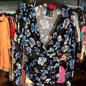 Mixit Black Top with Blue and White Floral Design